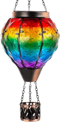 DREAMSOUL Rainbow Hot Air Balloon Solar Lantern, Metal & Glass With Flickering Flame, Hanging Waterproof Outdoor Lantern for Lawn, Patio, Tree Decor, Christmas Gifts