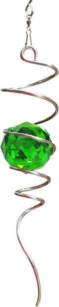 Fonmy Gazing Ball Spiral Tail -Decorative Wind Spinner Sun Catcher Rainbow Maker 11 inch Tail and 2 inch Green Crystal Orb. Indoor Outdoor Garden Decoration -13 inch Height