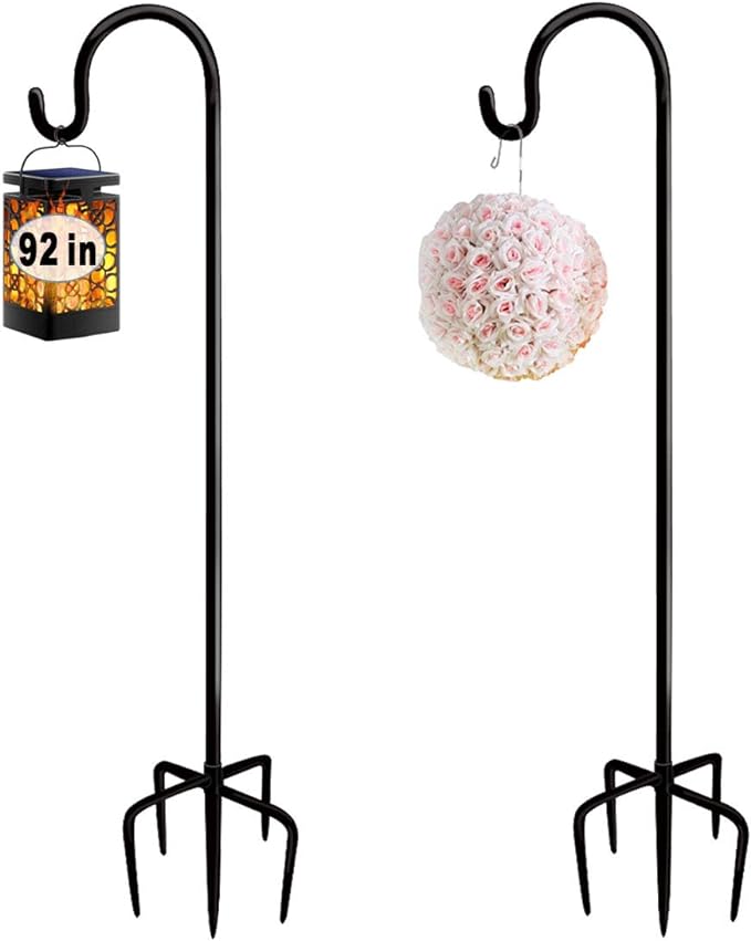 92 Inch Outdoor Shepherd Hooks with 5 Pronger Base (2 Packs), Adjustable Heavy Duty Garden Hanging Stand Holder for Bird Feeders Lanterns Planter Hanger, Matte Black