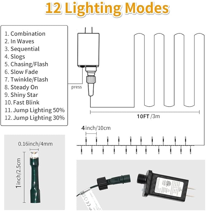 Christmas Tree Light 200 LEDs 73ft Green Cable Wire Fairy String Twinkle Lights Plug in 12 Modes for Xmas Party, Outdoor, Garden, Wedding, Home Decoration (White)