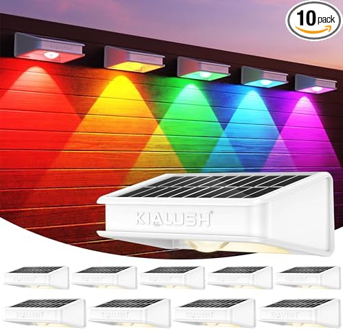 Solar Fence Lights 10 Pack, 9 Color Modes Outdoor Bulb Waterproof Led IP65, Solar Outdoor Lights for Backyard/Railing/Step/Wall/Patio/Yard (White)