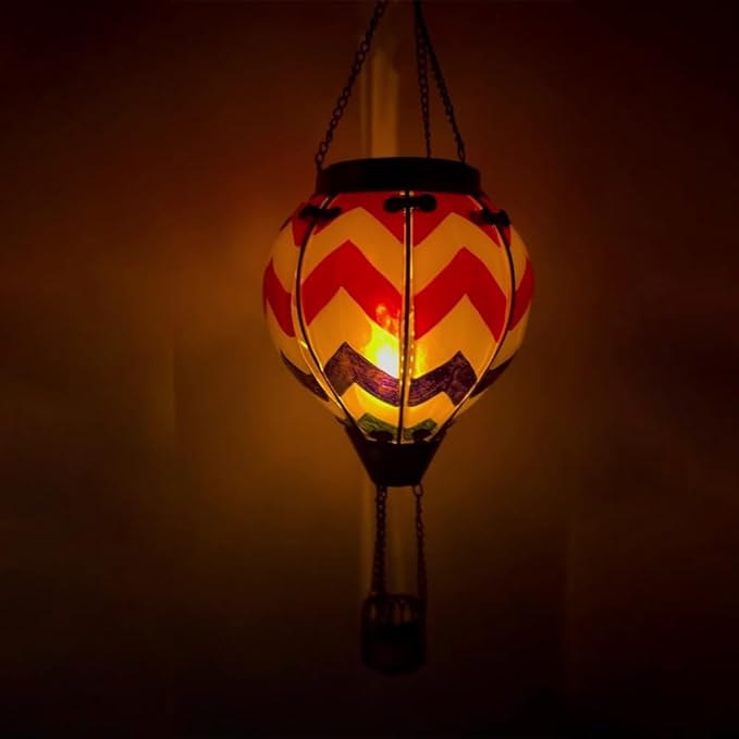 2PC Hot Air Balloon Solar Lantern with 2PC Shepherd Hook, Flickering Flame Hanging Solar Lanterns Outdoor Lights Waterproof Lanterns for Garden Patio Yard Party Decor (Wavy-Gray&Navy&Red)