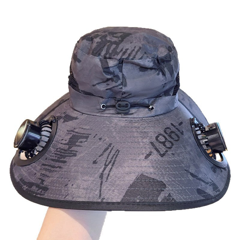Solar powered fan large brim hat men's outdoor sunshade hat mountain climbing fisherman hat
