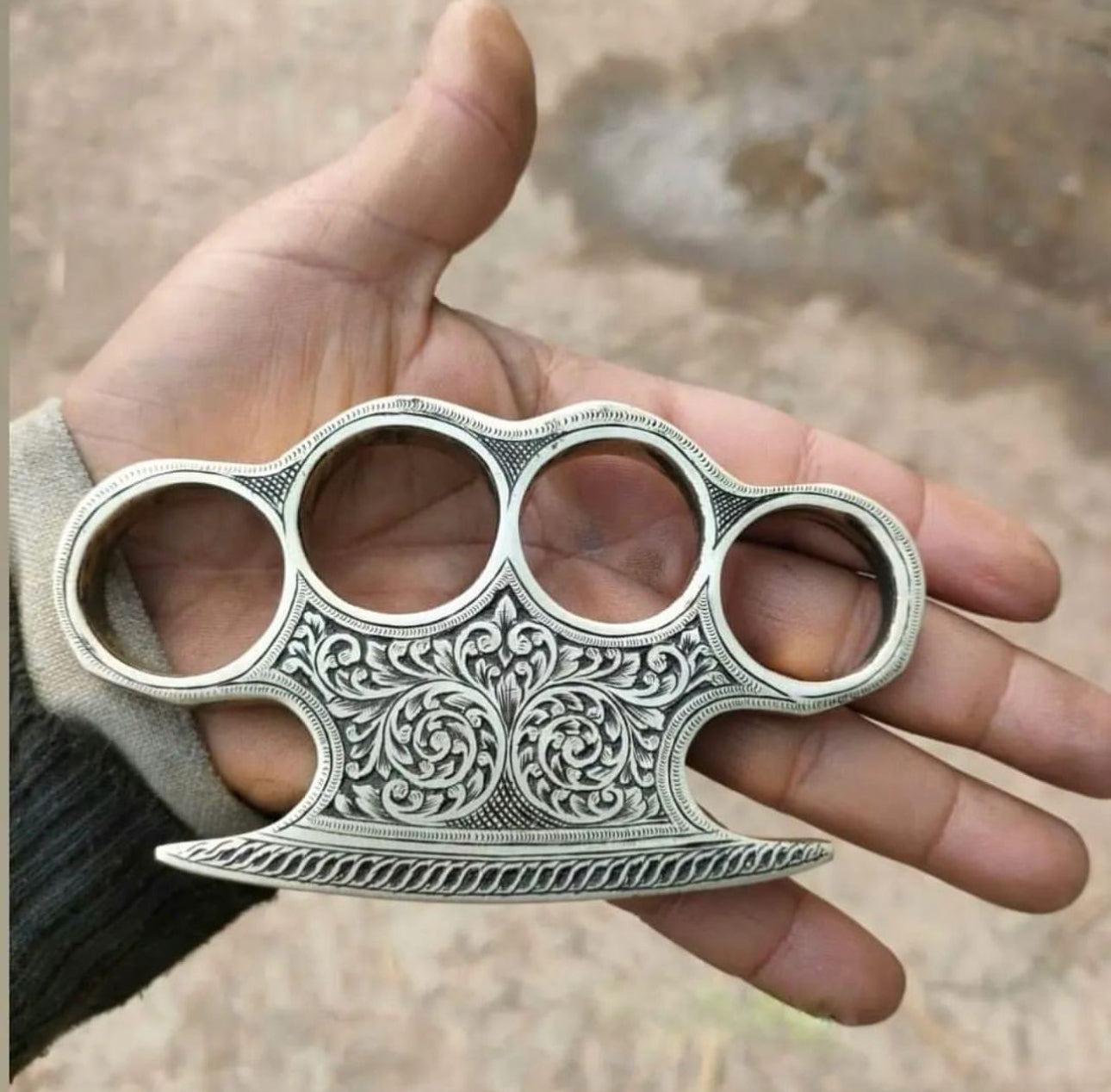 Handmade Custom Brass Engraved Knuckle - Solid Brass with Leather Belt Loop Case