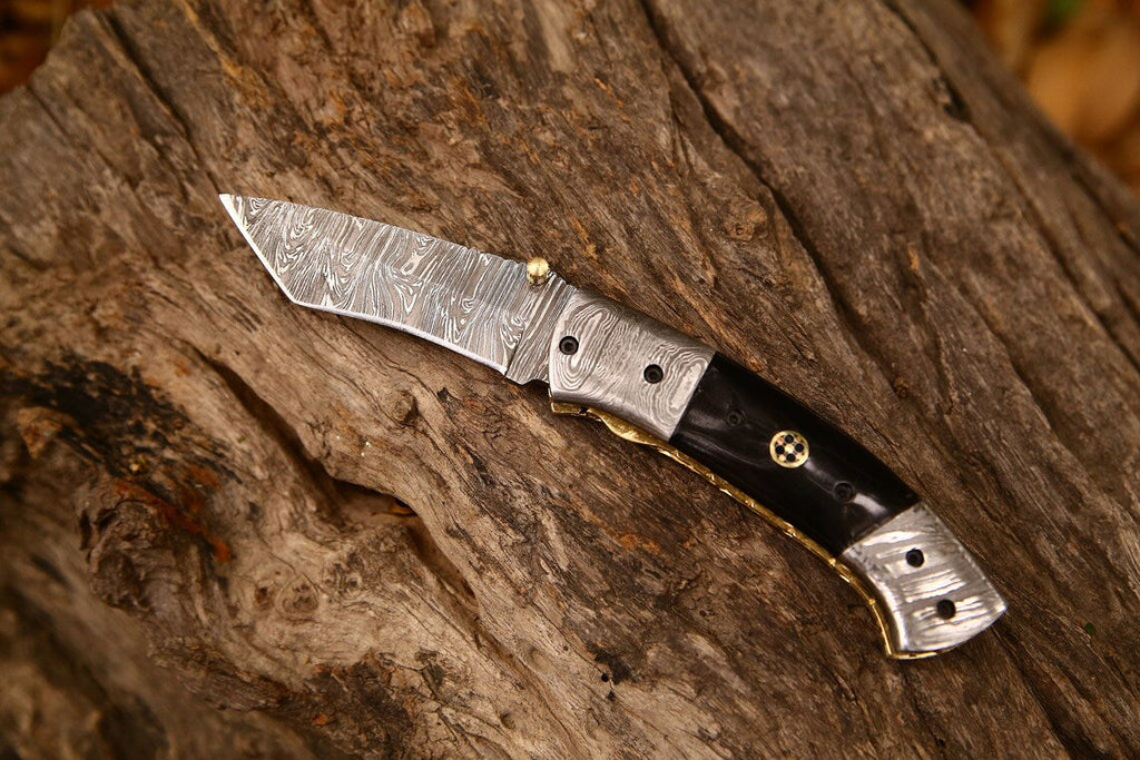 New Custom Handmade Damascus Steel Tanto Blade EDC Folding Pocket Knife | 3-Inch Blade, Buffalo Horn Handle, Leather Case | Perfect Gift by KBS Knives
