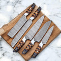 Handmade Custom Knife Set - 5 Damascus Steel Knives with Leather Sheath