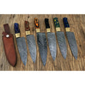 6 Piece Damascus Chef Knife Set, Hand Forged Kitchen Knives with Brass Bolsters, Full Tang Blades, Leather Sheaths Included