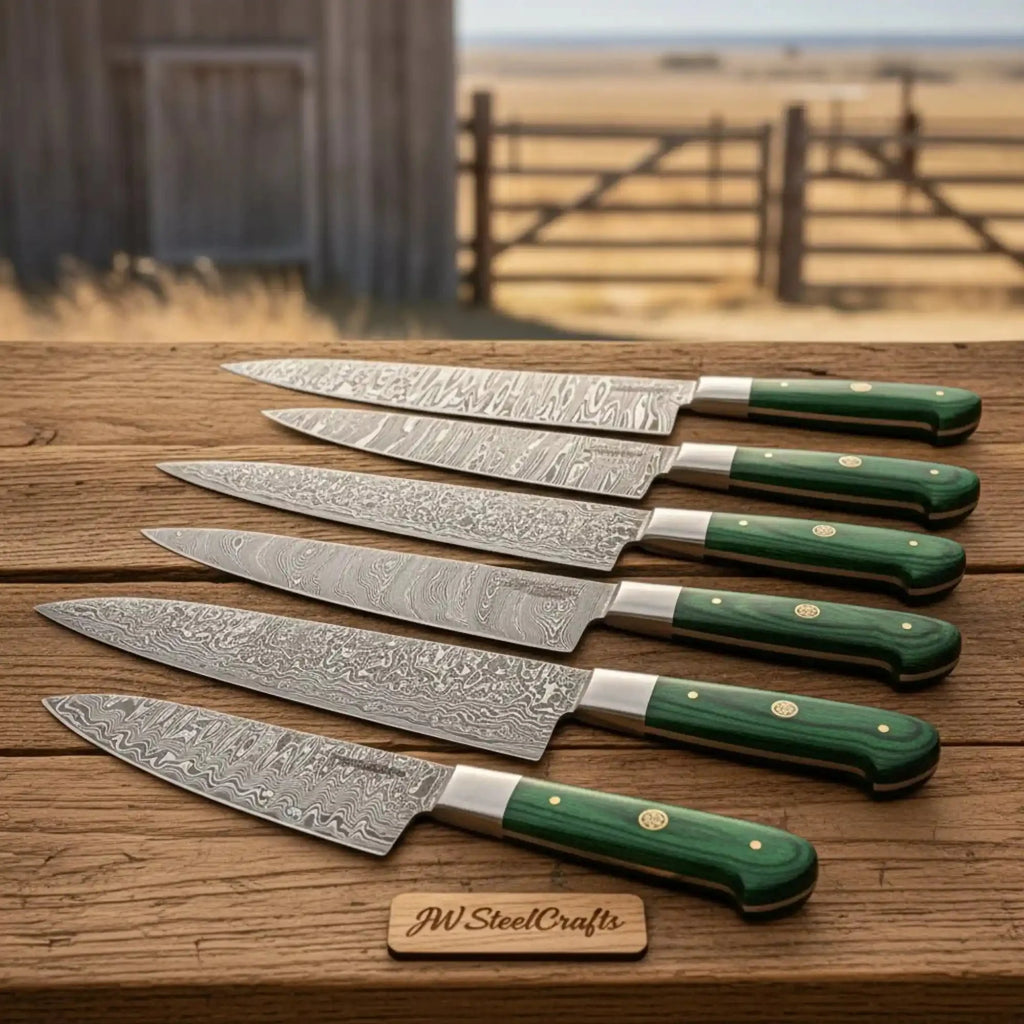 6 Piece Handmade Damascus Kitchen Knife Set with Leather Roll, Professional Chef, Santoku, Utility and Paring Knives, Green Pakka Wood Handles JW SteelCrafts