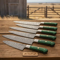 6 Piece Handmade Damascus Kitchen Knife Set with Leather Roll, Professional Chef, Santoku, Utility and Paring Knives, Green Pakka Wood Handles JW SteelCrafts