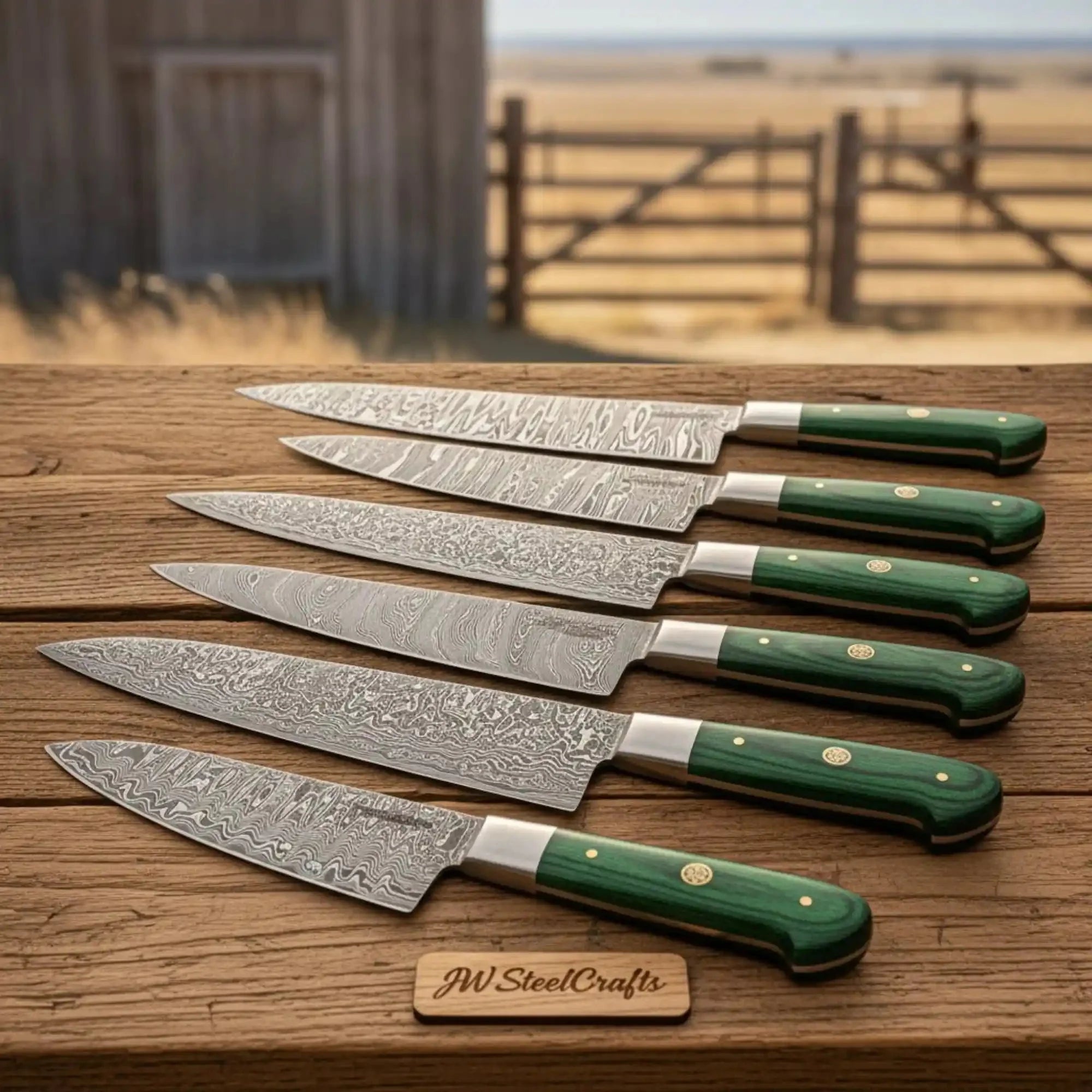 6 Piece Handmade Damascus Kitchen Knife Set with Leather Roll, Professional Chef, Santoku, Utility and Paring Knives, Green Pakka Wood Handles JW SteelCrafts