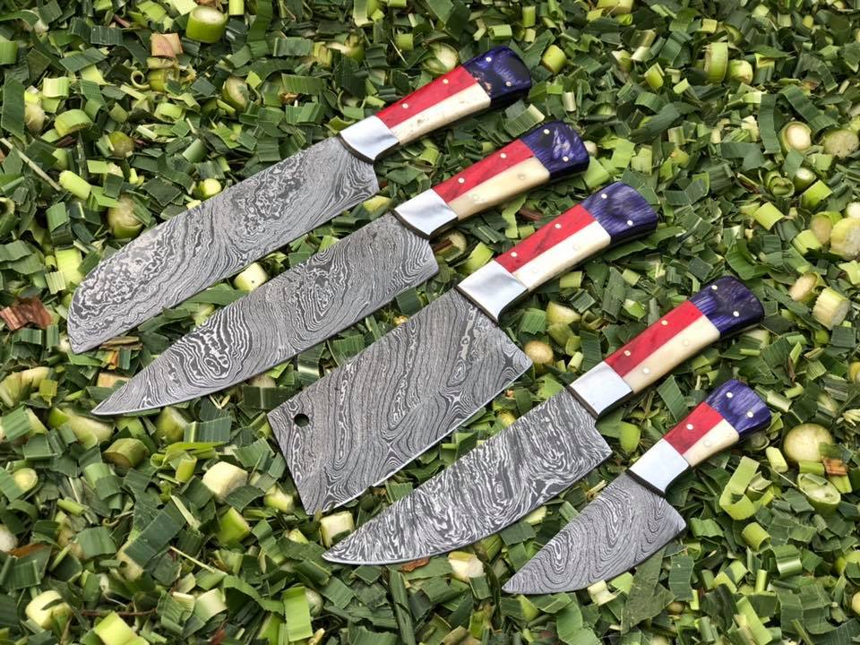 Exquisite Twist Damascus Steel 5-Piece Kitchen Knives Set with Bone and Exotic Color Wood Handles - Culinary Elegance in a Leather Roll