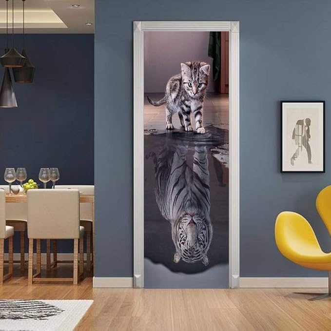 3D Door Stickers Murals Peel and Stick - Cat Becomes Tiger - Door Wallpaper Self-Adhesive Decals Removable PVC Waterproof Poster for Bedroom Living Room 30.3" x 78.7"