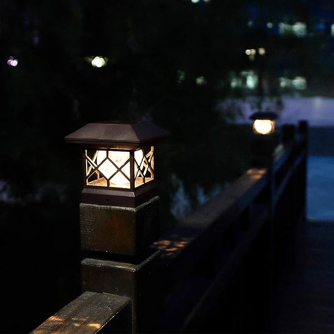 TWINSLUXES Fence Post Cap Light, LED Solar Lights for Deck Posts, Solar Post Caps Light Outdoor for 3.5x3.5/4x4/5x5 Posts, Wood or Vinyl Fence Deck Post, Warm Light (Brown) (8 Pack)