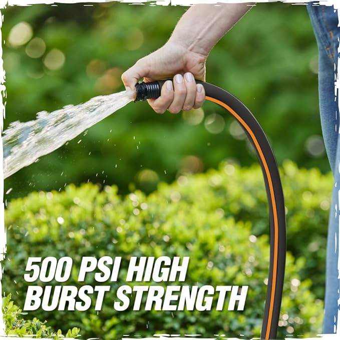 Rugged Rhino Heavy Duty Flexible Light Weight Garden Hose, 25ft x 5/8in, 4 Layer Leakproof Outdoor Gardening Tools, Watering Supplies, Powerful Water Pressure for Lawn, Flowers, Black Orange
