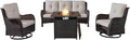 Outdoor Patio Furniture Set with 50000BTU Propane Fire Pit Table, 4 Pieces Wicker Patio Conversation Set with 2 Swivel Rocker Glider Chairs Rattan Sofa Beige Cushion Perfect for Gathering