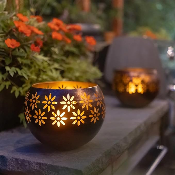 Original Solar Fire Bowl 8” (4-Pack) Decorative Metal Solar Patio Light with Flickering Flame, Waterproof Dusk-to-Dawn Garden Lantern in Bronze/Copper Finish