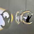 Stained Glass Suncatcher: Angel-Winged Cat Catching Butterfly on Moon - Memorial Gift for Cat Loss