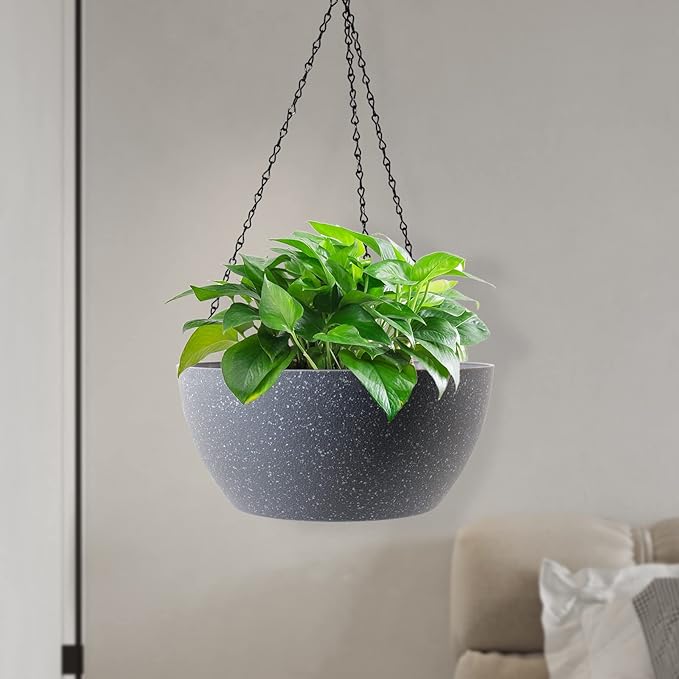 10 inch Hanging Planters for Outdoor Indoor Plants with Drainage Holes and Chain, 2 Pack Round Hanging Flower Plant Pots for Garden Home Porch Decor, Speckled Grey