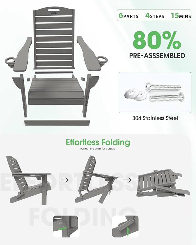 Adirondack Chairs Set of 6, Outdoor Fire Pit Chairs, HDPE All-Weather Adirondack Chairs with Cup Holder, Lawn Chair for Deck, Patio, Garden (Grey)