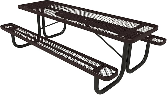 Coated Outdoor Furniture Heavy-Duty Portable Outdoor Picnic Table, Thermoplastic Coated Expanded Metal Commercial-Grade Patio Dining Furniture Made in America (8ft Rectangular, Brown)