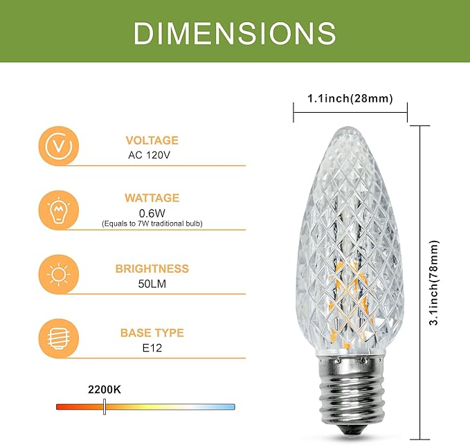 50Pack C9 Christmas LED Light Bulbs, Strawberry Replacement Bulb 2200K Warm White Shatterproof & Waterproof Outdoor String Light Bulbs, E17 Candelabra Base Edison Bulbs for Holiday Decoration