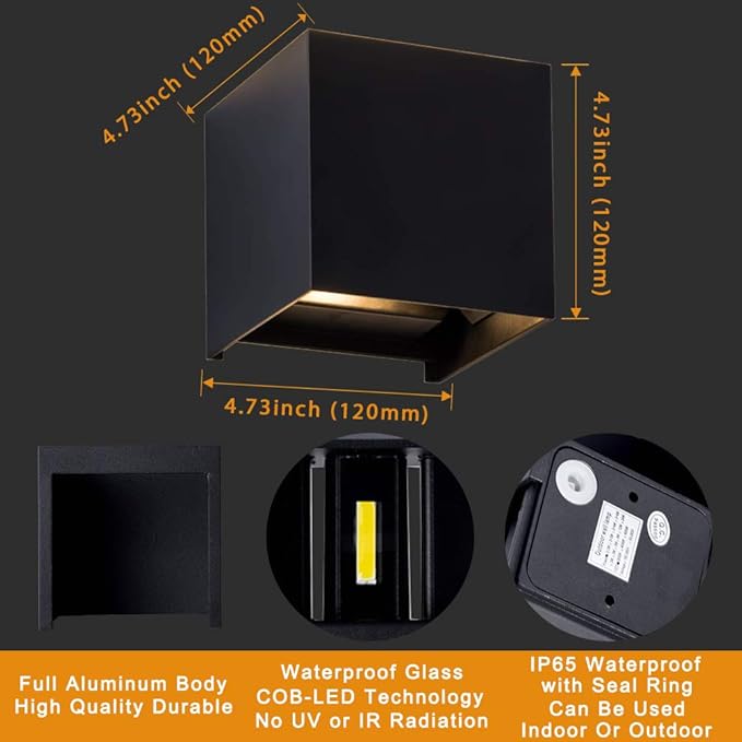 LANFU LED Aluminum Cube Square Wall Sconce Waterproof Outdoor Light Exterior Wall Lights fixtuers 20W 100-277V 2800K-3000K Not dimmable Warm Light 2LEDS Black-20W Outdoor Larger Version