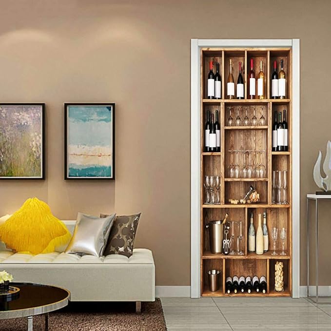 3D Door Wallpaper Self-Adhesive Door Sticker - Wine Cabinet - Door Film Poster Premium PVC Waterproof Wall Sticker for Bedroom Living Room Door Decoration Wallpaper 90 x 200 cm