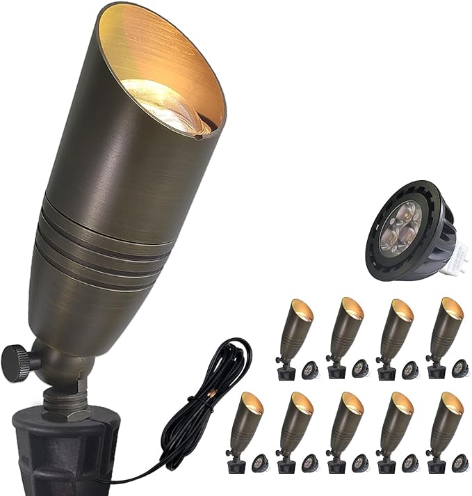 COLOER Brass Landscape Spotlights, 10 Pack Landscape Light Fixture with 5W Aluminum Housing MR16 LED Bulb 2700K 450LM,12V AC/DC Low Voltage Outdoor Spot Lighting, Uplight for Garden and Patio(102B)