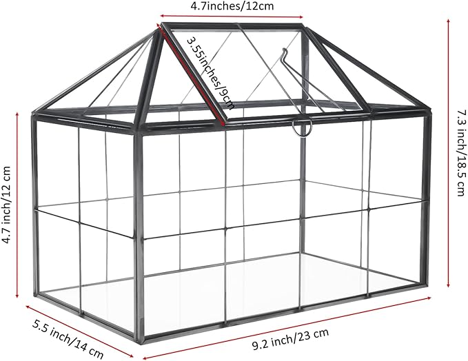 HighFree Geometric Terrarium Planter with Swing Lid, House Shape Black Handmade Glass Box, Vintage Tabletop Miniature Terrarium, for Succulent, Cacti, Air Plants (Not Watertight - 9.2x5.5x7.3 inch)