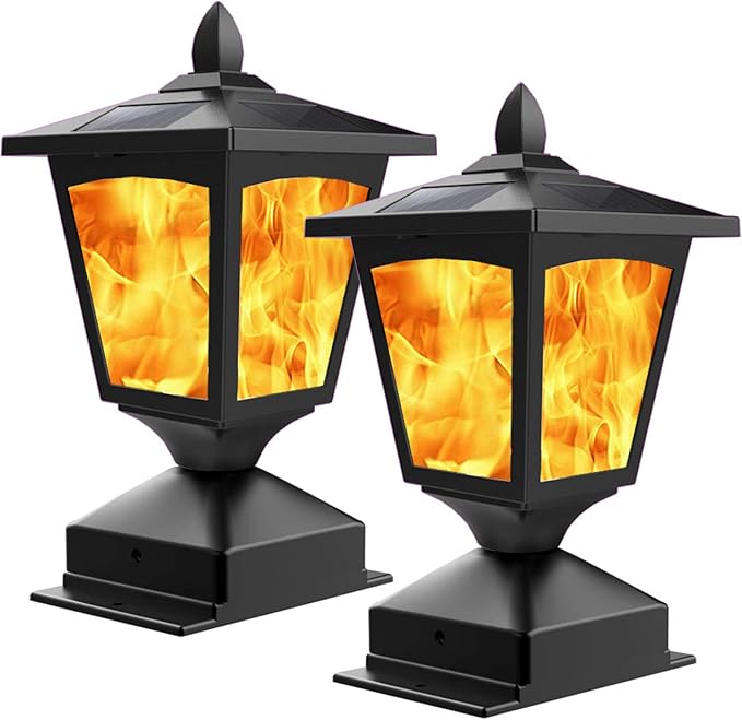 Solar Post Flame Light, Outdoor Deck Fence Post Cap Top LED Light wih Flickering Flame, Waterproof, 4x4 5x5 6x6, Outdoor Garden Firefly String Lights, 30 Leds, (Pack of 2)