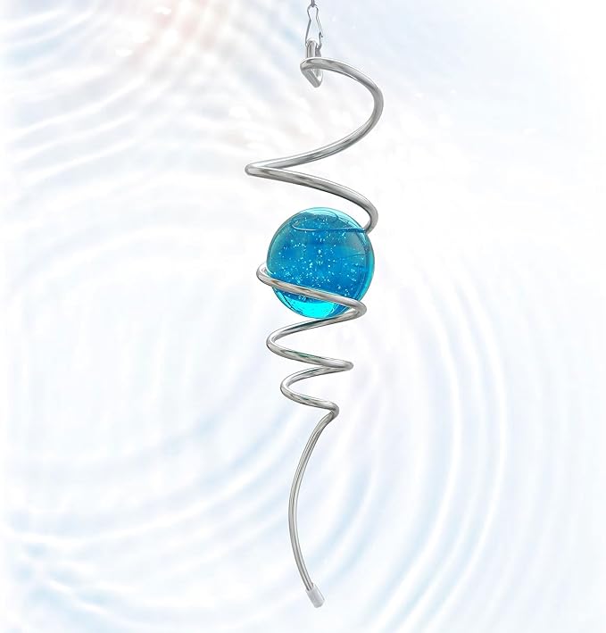 Gazing Ball Spiral Tail with Blue Glass Orb, 3D Wind Spinners Stabilizer, Wind Spinner Spiral, Hanging Rotating Art Decor - Visual Illusion in Spinning, Indoor Outdoor Garden Decoration 13in