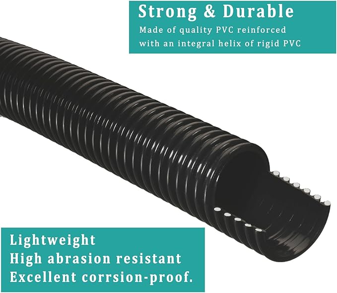 Pond Tubing ID 1 1/4” × 50ft Black Corrugated Flexible Reinforced Waterfall Pond Tube Sump Pump Hose, Non-toxic & Kinkproof (50 ft, 1 1/4" ID)