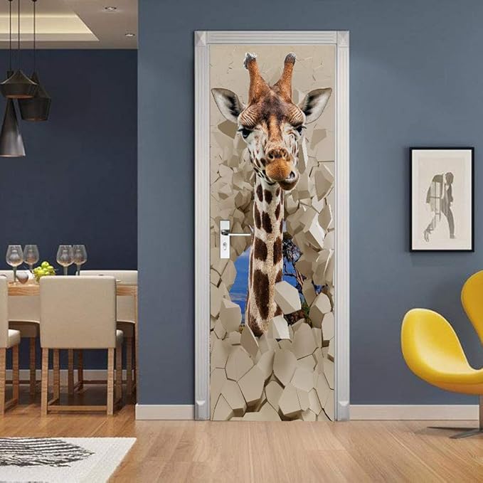 3D Peel and Stick Murals - Giraffe - Self-Adhesive Removable PVC Waterproof Door Poster for Bedroom Living Room Decoration 37.4 x 78.7 inch