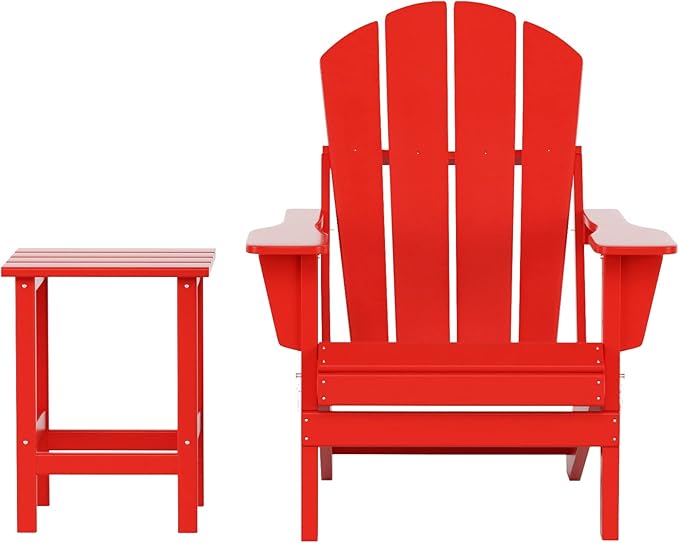 WO Home Furniture Adirondack Chair Table Set of 2 PCS Outdoor Folding Chair w Side Table Weather/UV Resistant for Lawn, Garden, Bon Fire, Balcony (Red)