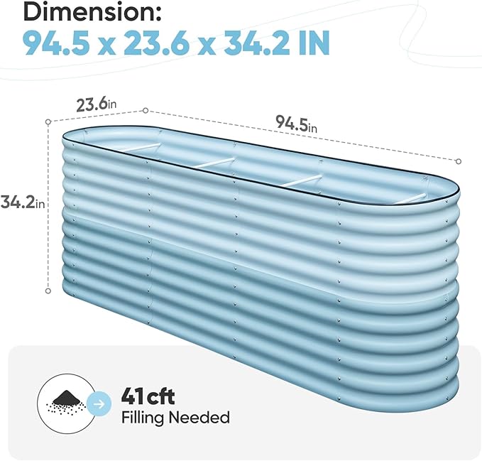 KING BIRD Raised Garden Bed 2.85 ft Tall 9 in 1 Galvanized Planter Garden Box Outdoor for Gardening, Deep Root Vegetables, Flowers 94.5X23.6X34.2 in, Light Blue