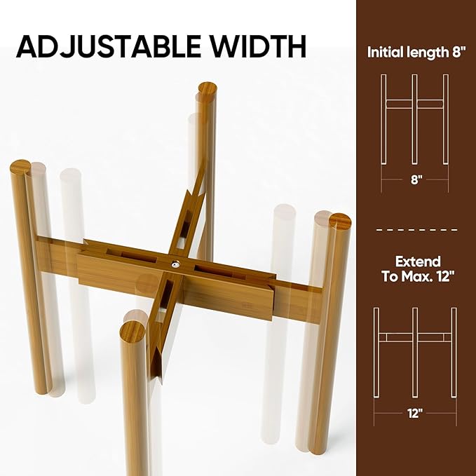 MUDEELA Adjustable Plant Stand Indoor, Bamboo Plant Stand 8 to 12 Inches, Single Floor Plant Stand for Indoor Plants, Bamboo Light Brown Planter Stand for Indoor Plants, Pot Plant Not Included