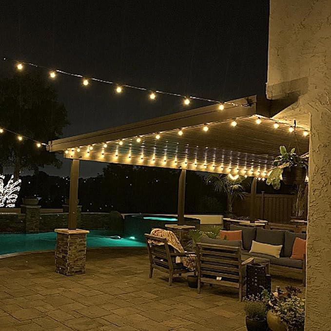 Novelty Lights 100 Feet G40 LED Patio String Lights with 67 Bulbs, Warm White, Weather Resistant and Shatterproof Replaceable Plastic Globe Bulbs, Green Wire
