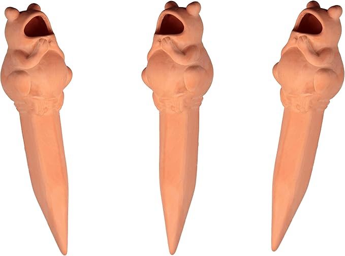 Terracotta Plant Self Watering Spikes - Set of 3 Terracotta Self Watering Bulbs, Self Watering Stakes, Self Watering Globes for Pot Plants (Frogs Plain, Large)