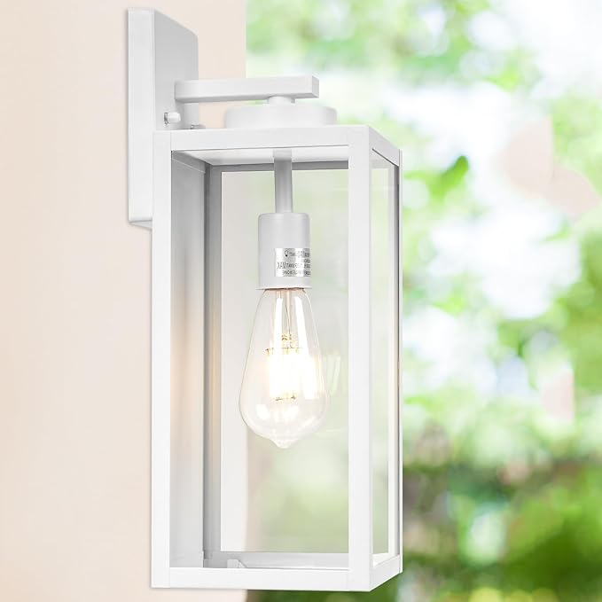 16-inch Large Outdoor Wall Light Fixture, White Exterior Wall Lantern Waterproof, Farmhouse Porch Sconce Lighting with Glass, Modern Outside Lights for House, Garage, Patio Lamp, 2 Packs