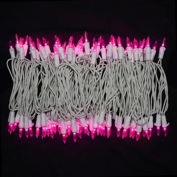 Pink LED Christmas Lights - 100 Count Pink Christmas String Lights for Tree, Party, Bedroom, Wedding, Indoor and Outdoor Valentines Day Decorations, 33 Feet White Wire, UL Certified, Connectable