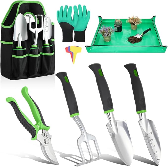 Gardening Tools Set, 8PCS Heavy Duty Garden Tools with Non-Slip Rubber Grip with Large Garden Bag for Tools Aluminum Alloy Hand Tools for Gardening,Gardening Gifts for Women and Men, Green