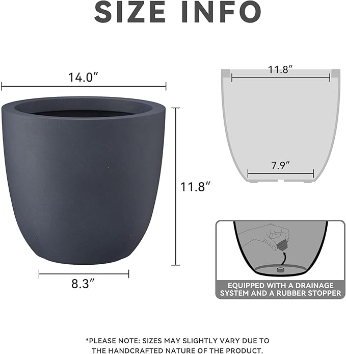 Kante 14 Inch Dia Round Concrete Planter, Indoor Outdoor Large Plant Pot with Drainage Hole and Rubber Plug for Home Patio Garden, Charcoal