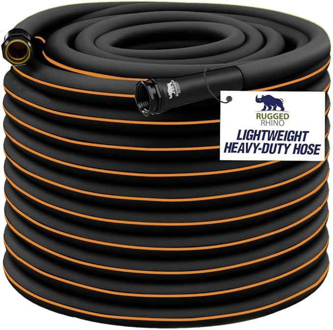 Rugged Rhino Heavy Duty Flexible Light Weight Garden Hose, 25ft x 5/8in, 4 Layer Leakproof Outdoor Gardening Tools, Watering Supplies, Powerful Water Pressure for Lawn, Flowers, Black Orange