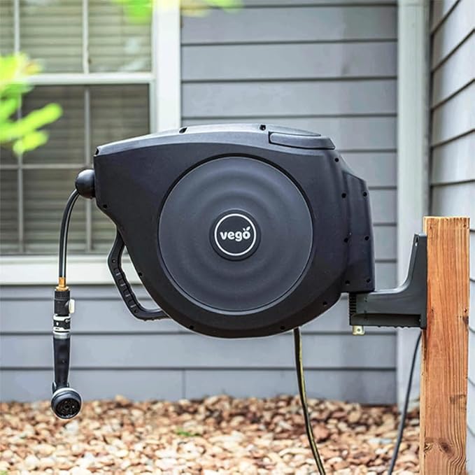 Garden Hose Reel Retractable 5/8" x 50ft Wall Mounted Hose Reel Automatic Rewind, Any Length Lock with 9 Patterns Sprayer Nozzle, Quick Connector and Adjustable shot Nozzle- Tidepool Blue