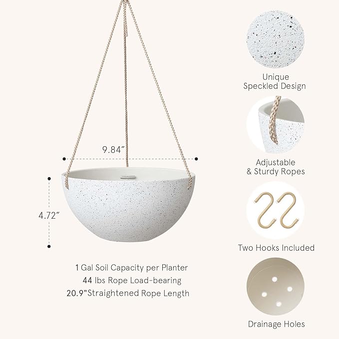 LA Jolie Muse Hanging Planters for Indoor Plants - Flower Pots Outdoor 9.84 inch Garden Planters and Pots,Speckled White Set of 2