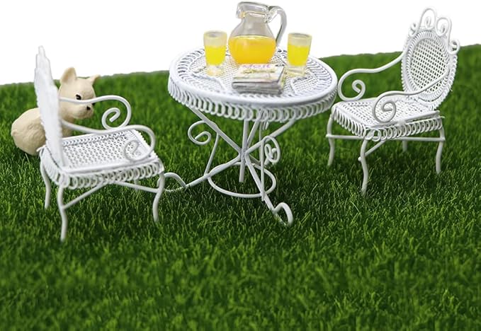 Dollhouse Miniature Bistro Table & Chairs Set Accessories Metal 1:12 Scale Miniatures White Coffee/Tea Furniture Fairy Garden Cute Rustic Elegant Decorations Ornaments (A)