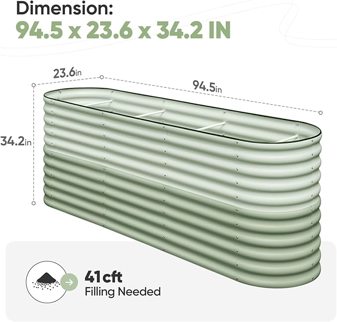 KING BIRD Raised Garden Bed 2.85 ft Tall 9 in 1 Galvanized Planter Garden Box Outdoor for Gardening, Deep Root Vegetables, Flowers 94.5X23.6X34.2 in, Light Green