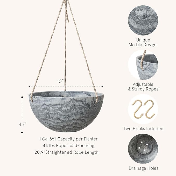 LA JOLIE MUSE Hanging Planter Flower Plant Pots - 10 Inch Indoor Outdoor Balcony Patio Hanging Basket Set of 2, Marble Pattern