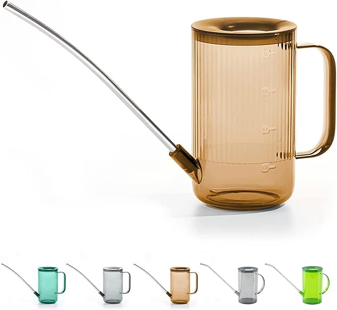 Tennedriv Green Long Spout Watering Can Indoor, Small Watering Cans for House Plants, Flowers, Succulents (Brown)