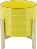 Sagebook Home 8" Planter on Stand - Ceramic Planter on Wooden Base - Contemporary Yellow and White Striped Design Indoor or Outdoor Plant Stand Decor